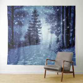 Blauwe Moonlit Magische Bos Winter Scène Wandkleed