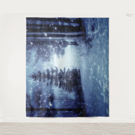 Blauwe Moonlit Magische Bos Winter Scène Wandkleed