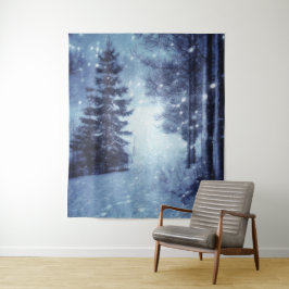 Blauwe Moonlit Magische Bos Winter Scène Wandkleed