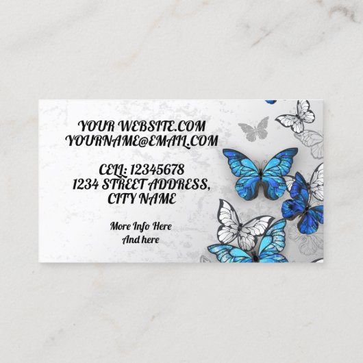 Blauwe morfo en witte vlinder visitekaartje (Achterkant)