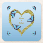 Blauwe morfovlinder met gouden hart kartonnen onderzetters (Voorkant)