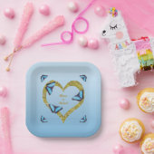 Blauwe morfovlinder met gouden hart papieren bordje (Feest)