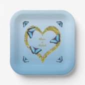 Blauwe morfovlinder met gouden hart papieren bordje (Voorkant)