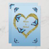 Blauwe morfovlinder met gouden hartbruiloft kaart (Voorkant / Achterkant)