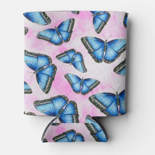 Blauwe Morfovlinder op roze wolken Illustratie Blikjeskoeler (Voorkant)