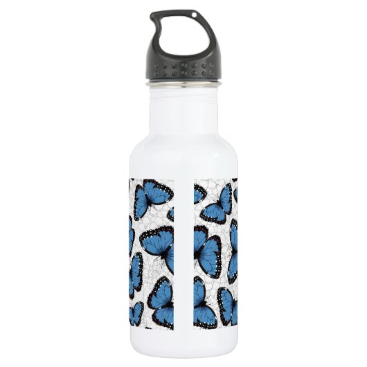 Blauwe morfovlinder waterfles  (Achterkant)