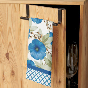 Blauwe Morning Glories en Lattice Werk Theedoek