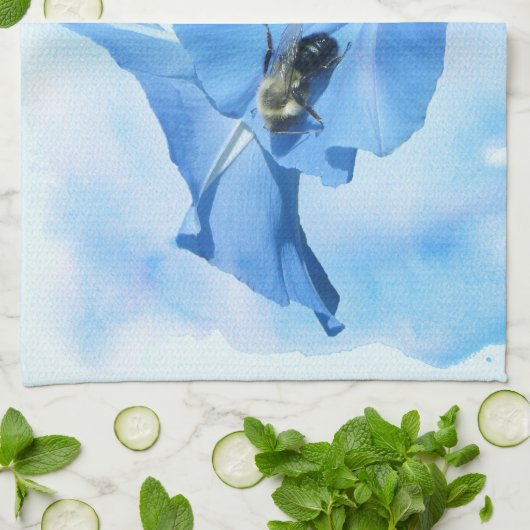 Blauwe morning Glory en Bumblebee Theedoek (Gevouwen)