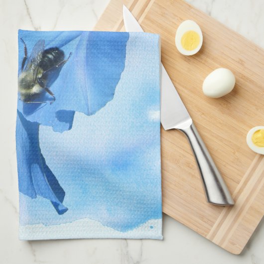 Blauwe morning Glory en Bumblebee Theedoek (Quarter Fold)