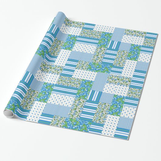 Blauwe Morning Glory Faux Patchwork Wrapping Paper Cadeaupapier (Uitgerold)