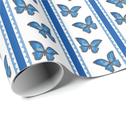 Blauwe Morpho Streep Cadeaupapier (Rol Hoek)