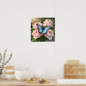 Blauwe Morpho Vlinder Bloem Botanische Kunst Poste Poster (Keuken)