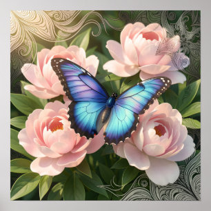Blauwe Morpho Vlinder Bloem Botanische Kunst Poste Poster