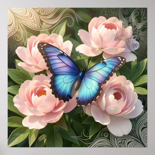 Blauwe Morpho Vlinder Bloem Botanische Kunst Poste Poster (Voorkant)