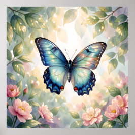 Blauwe Morpho Vlinder Bloemige Botanische Aquarel  Poster