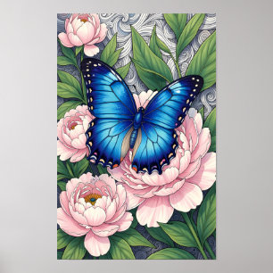 Blauwe Morpho Vlinder Bloemige Botanische Kunst Po Poster