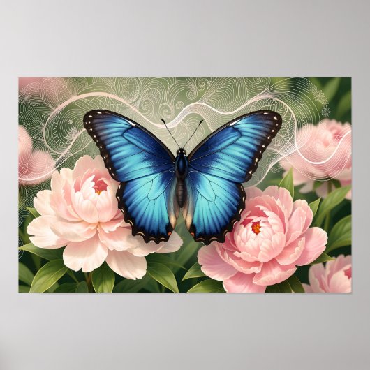 Blauwe Morpho Vlinder Bloemige Botanische Kunst Po Poster (Voorkant)