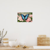 Blauwe Morpho Vlinder Bloemige Botanische Kunst Po Poster (Keuken)