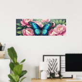 Blauwe Morpho Vlinder Bloemige Botanische Kunst Po Poster (Thuiskantoor)