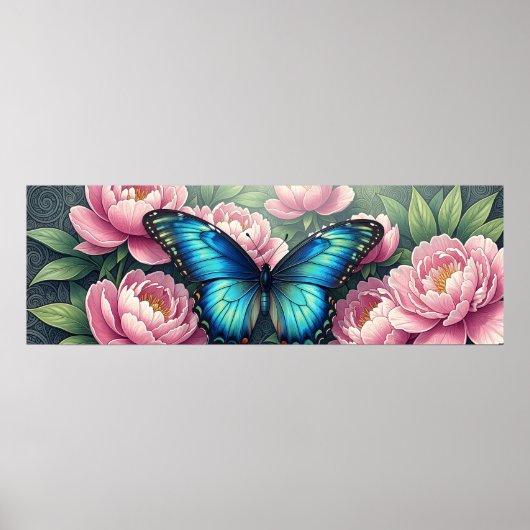 Blauwe Morpho Vlinder Bloemige Botanische Kunst Po Poster (Voorkant)