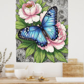 Blauwe Morpho Vlinder Bloemrijke Botanische Kunst Poster (Keuken)