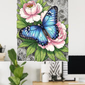 Blauwe Morpho Vlinder Bloemrijke Botanische Kunst Poster (Thuiskantoor)