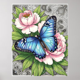 Blauwe Morpho Vlinder Bloemrijke Botanische Kunst Poster