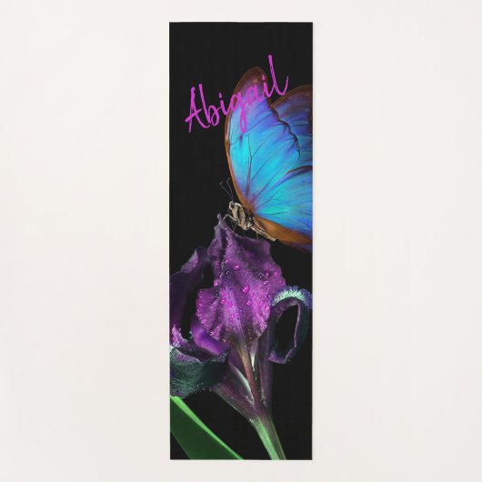 Blauwe Morpho Vlinder en Paarse Iris Yogamat (Voorkant)