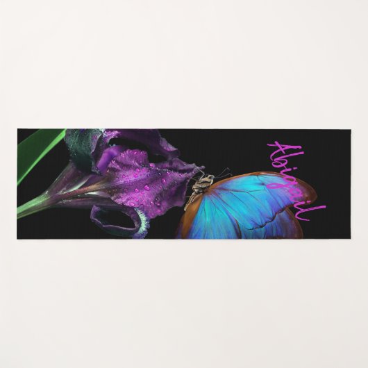Blauwe Morpho Vlinder en Paarse Iris Yogamat (Voorkant (horizontaal))