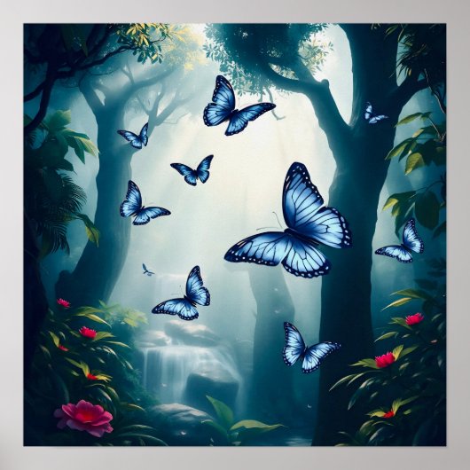 Blauwe Morpho vlinder in het regenwoud Poster (Voorkant)