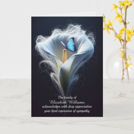 Blauwe Morpho Vlinder in Lelie Sympathie Dank u Kaart (Gele Bloem)
