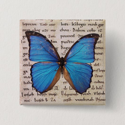 Blauwe Morpho Vlinder op boekpagina Vierkante Button 5,1 Cm (Voorkant)