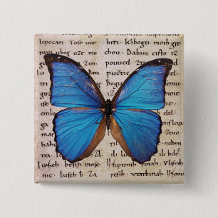 Blauwe Morpho Vlinder op boekpagina Vierkante Button 5,1 Cm