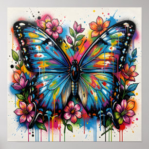 Blauwe Morpho Vlinder Straatkunst Graffiti Grunge Poster