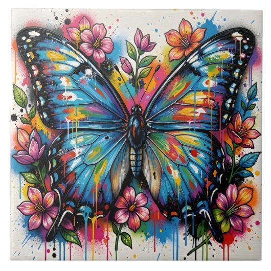 Blauwe Morpho Vlinder Straatkunst Graffiti Grunge Tegeltje (Voorkant)