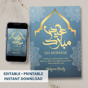 Blauwe Moskee Boog Silhouet Eid Mubarak Kaart
