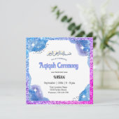 Blauwe Moslim Baby Aqeeqah- Aqiqah- Uitnodiging (Staand voorkant)