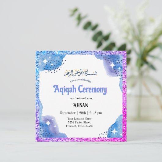Blauwe Moslim Baby Aqeeqah- Aqiqah- Uitnodiging (Staand voorkant)
