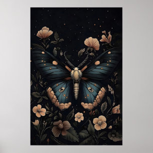 Blauwe Mot Botanische Print, Donkere Academische M Poster