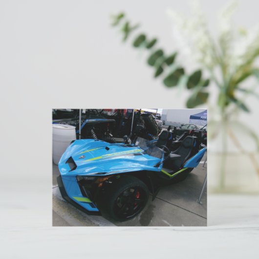 Blauwe motorfiets briefkaart (Staand voorkant)