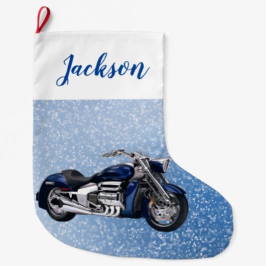 Blauwe motorfiets en sneeuw grote kerstsok (Voorkant)