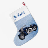 Blauwe motorfiets en sneeuw grote kerstsok (Achterkant (Hangend))