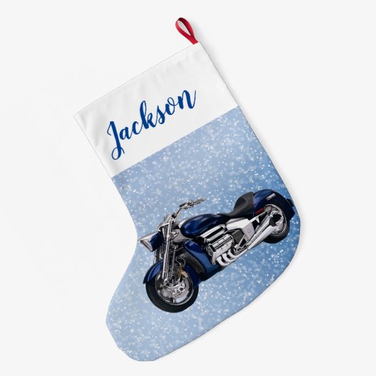 Blauwe motorfiets en sneeuw grote kerstsok (Achterkant (Hangend))