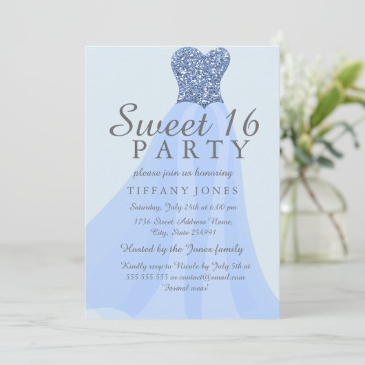 Blauwe mousserende glitter Geit 16 Invite Kaart (Staand voorkant)