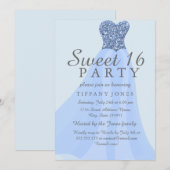 Blauwe mousserende glitter Geit 16 Invite Kaart (Voorkant / Achterkant)