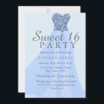 Blauwe mousserende glitter Geit 16 Invite Kaart<br><div class="desc">Blue Sparking Glitter Gown Sweet 16 Invite Party Invitation Perfect for a Sweet 16 Party / 16th Birthday Zie Matching Items including Stickers,  Napkins Labels en nog veel meer.</div>