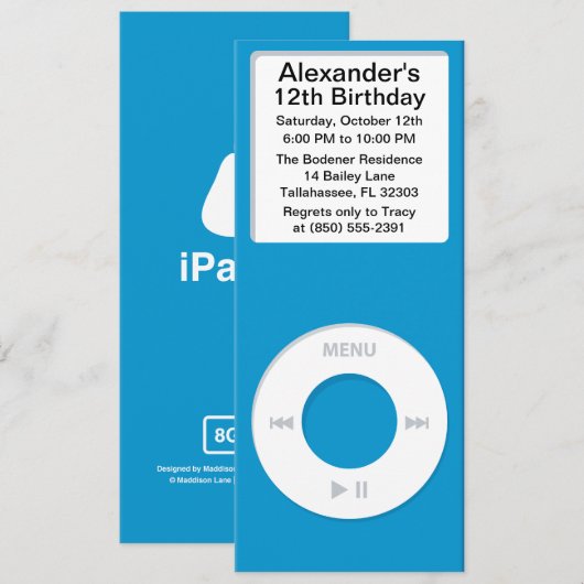 Blauwe MP3 Player iParty Birthday Party Kaart (Voorkant / Achterkant)