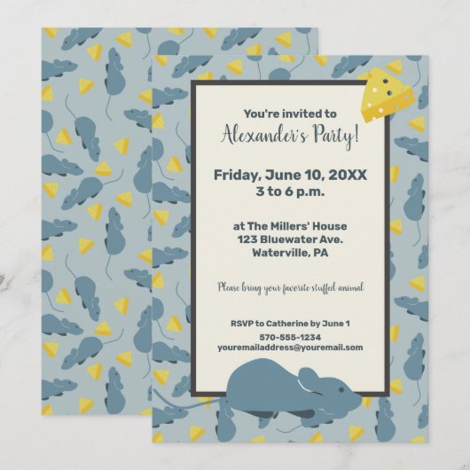 Blauwe muis en kaas op maat verjaardagsfeest kaart (Voorkant / Achterkant)