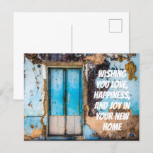 Blauwe muur & deur nieuwe huis felicitaties kaart