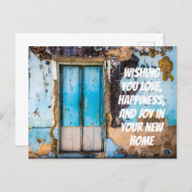 Blauwe muur & deur nieuwe thuis felicitaties kaart